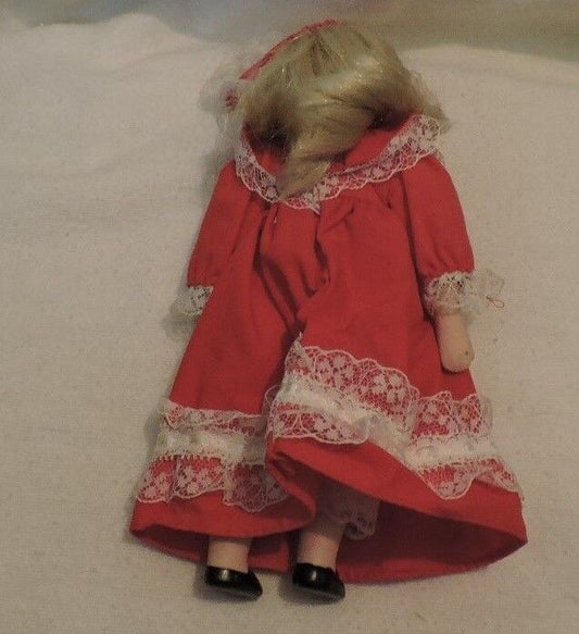 Vintage Blonde Porcelain Doll in Original Victorian Red Dress and Bonnet