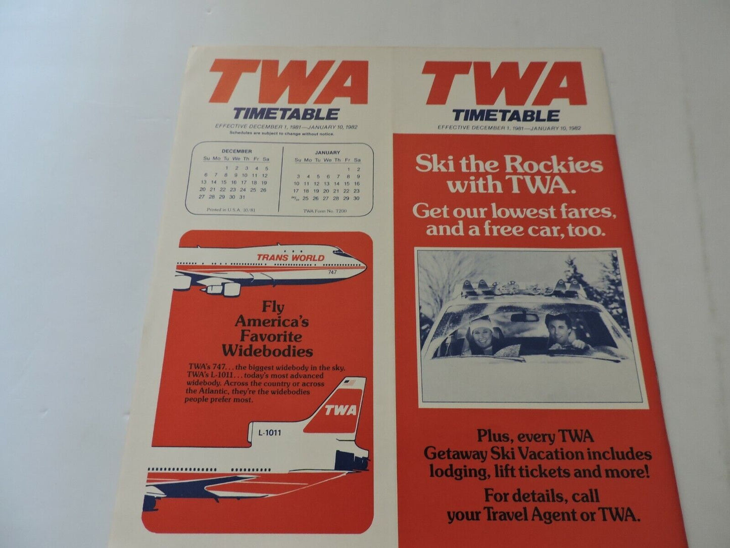 TWA  TIMETABLE DECEMBER 1, 1981 - JANUARY 10, 1982
