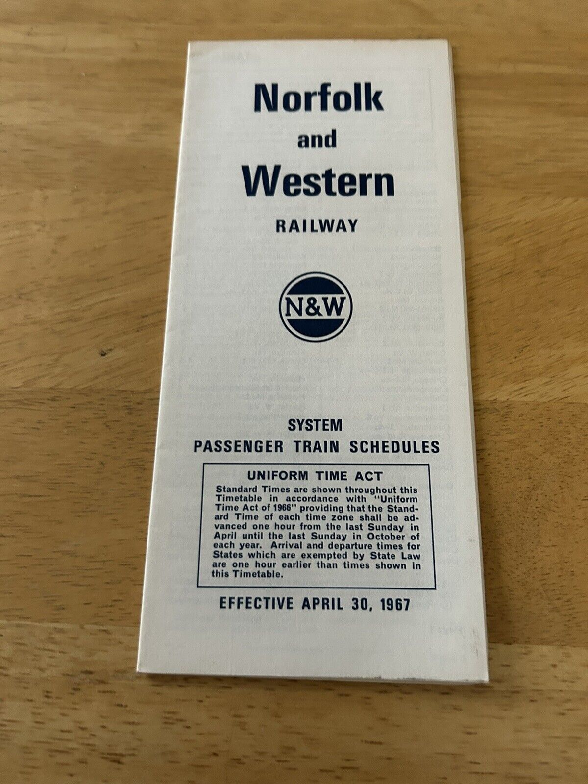 RAILROAD TIMETABLE: NORFOLK & WESTERN RAILWAY TIME TABLE APRIL 30, 1967