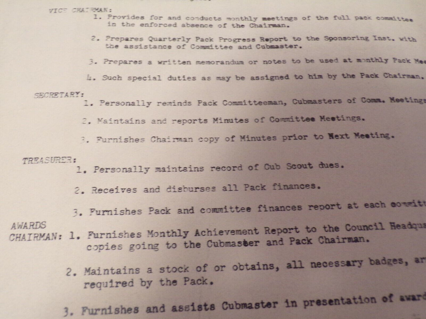 Vintage 1960s Cub Scout Pack: Committee Responsibilities Copies