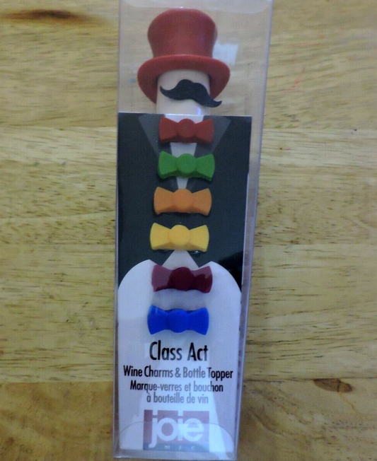 Joie Class Act Set Of 6 Silicone Bow Tie Wine Glass Charms & 1 Bottle Topper