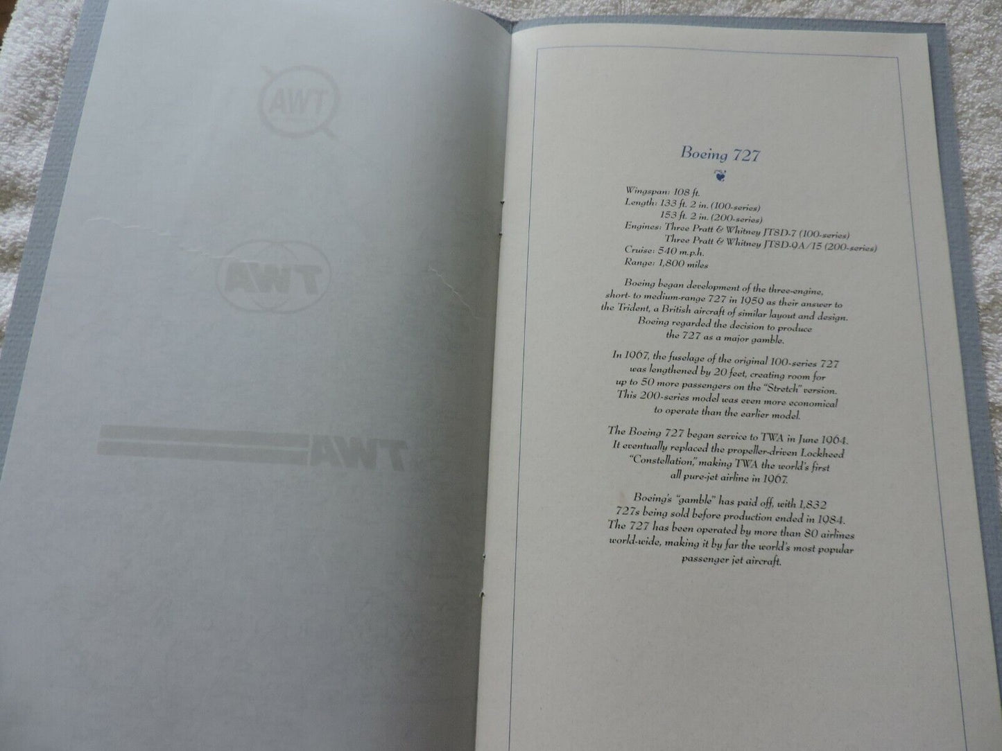COLLECTIBLE TRANS WORLD AIRLINE ROYAL AMBASSADOR FLIGHT MENU