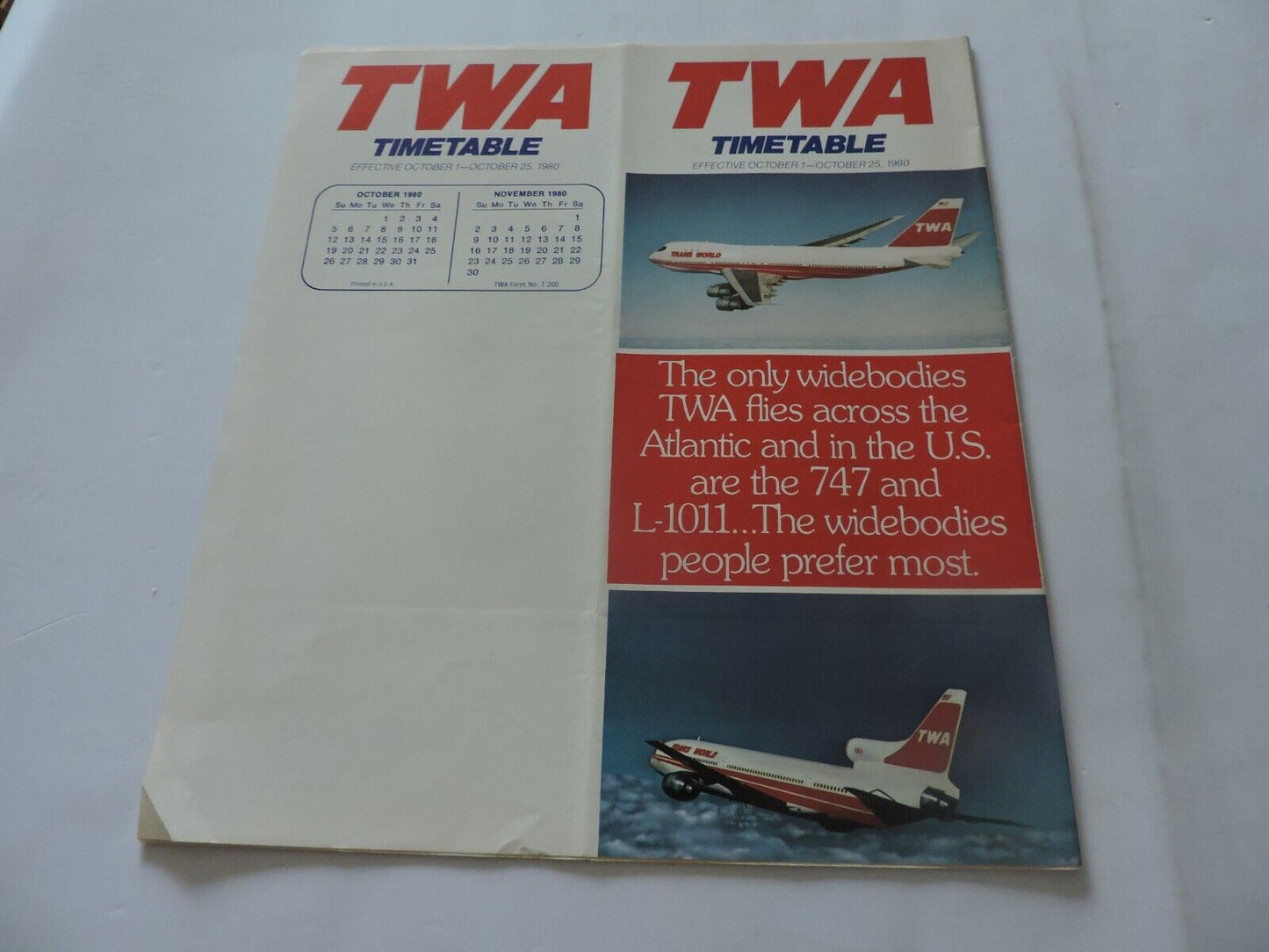 TWA  TIMETABLE OCTOBER 1-OTOBER 25, 1980