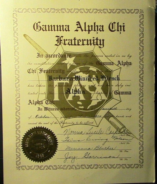 1934 University of Missouri, Gamma Alpha Chi Fraternity Certificate