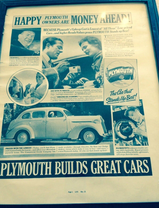 VINTAGE PLYMOUTH BUILDS GREAT CARS Advertisement Piece