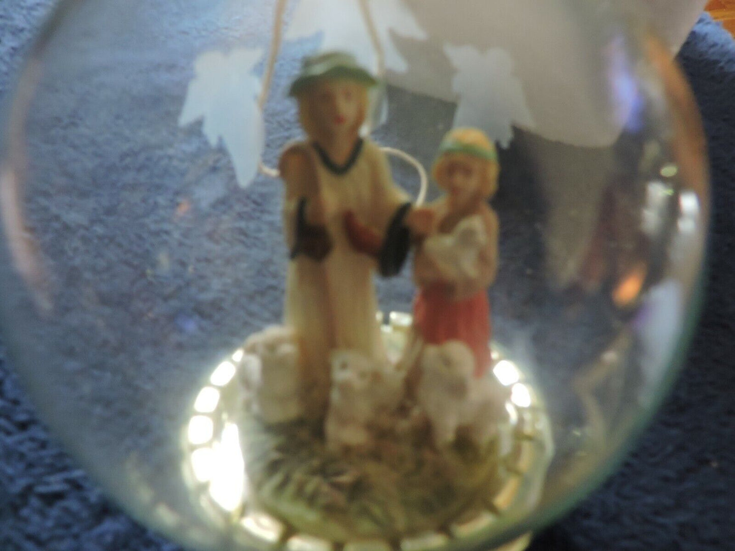 GLASS CHRISTMAS ORNAMENT--SHEPHERD, CHILD, LAMBS