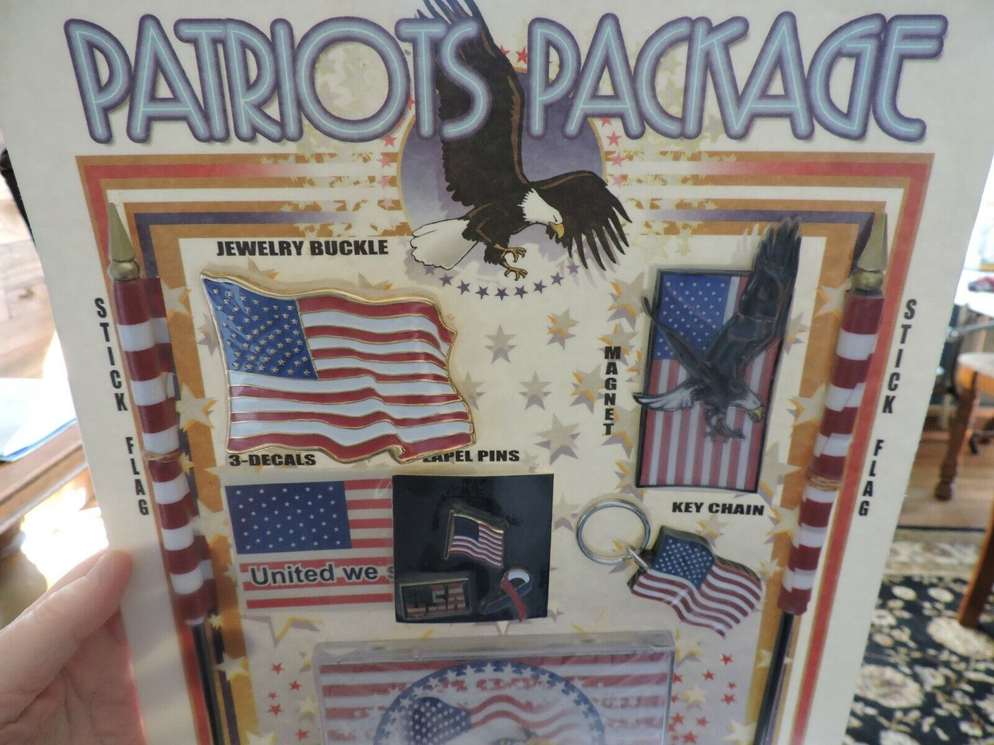 PATRIOT PACKAGE: 2 STICK FLAGS, BELT BUCKLE, MAGNET, 3 FLAG DECALS, 3 LAPEL PINS