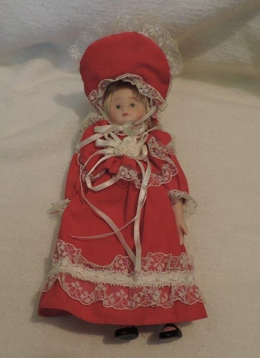 Vintage Blonde Porcelain Doll in Original Victorian Red Dress and Bonnet