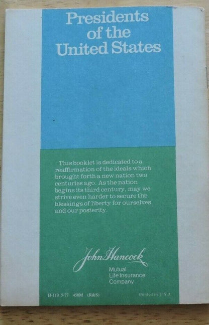 Presidents of The United States Pamphlet, Published 1971 by Hancock Insurance Co