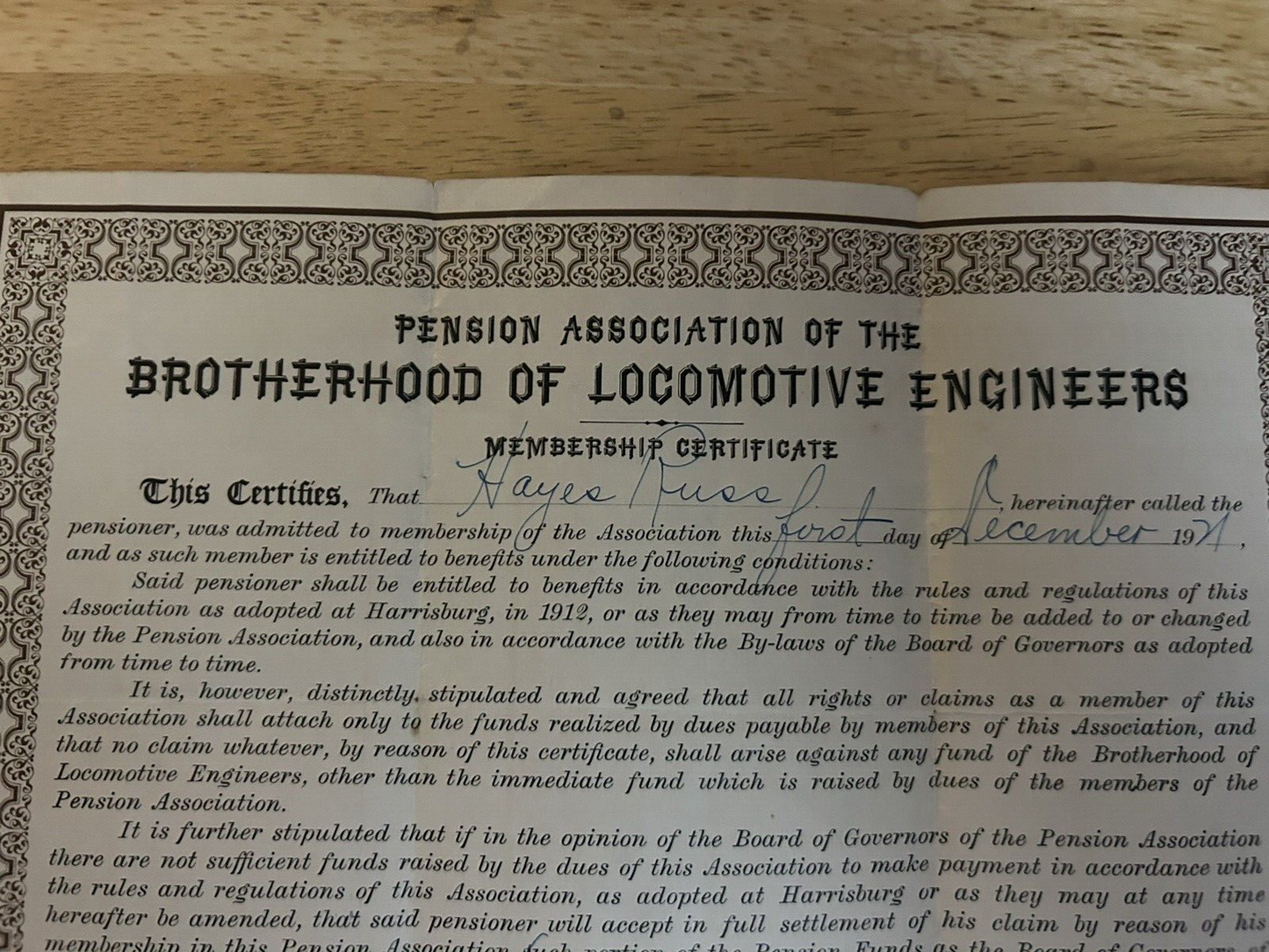 PENSION ASSOCIATION OF THE BROTHERHOOD OF LOCOMOTIVE ENGINEERS CERTIFICATE 1921