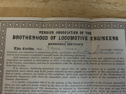 PENSION ASSOCIATION OF THE BROTHERHOOD OF LOCOMOTIVE ENGINEERS CERTIFICATE 1921