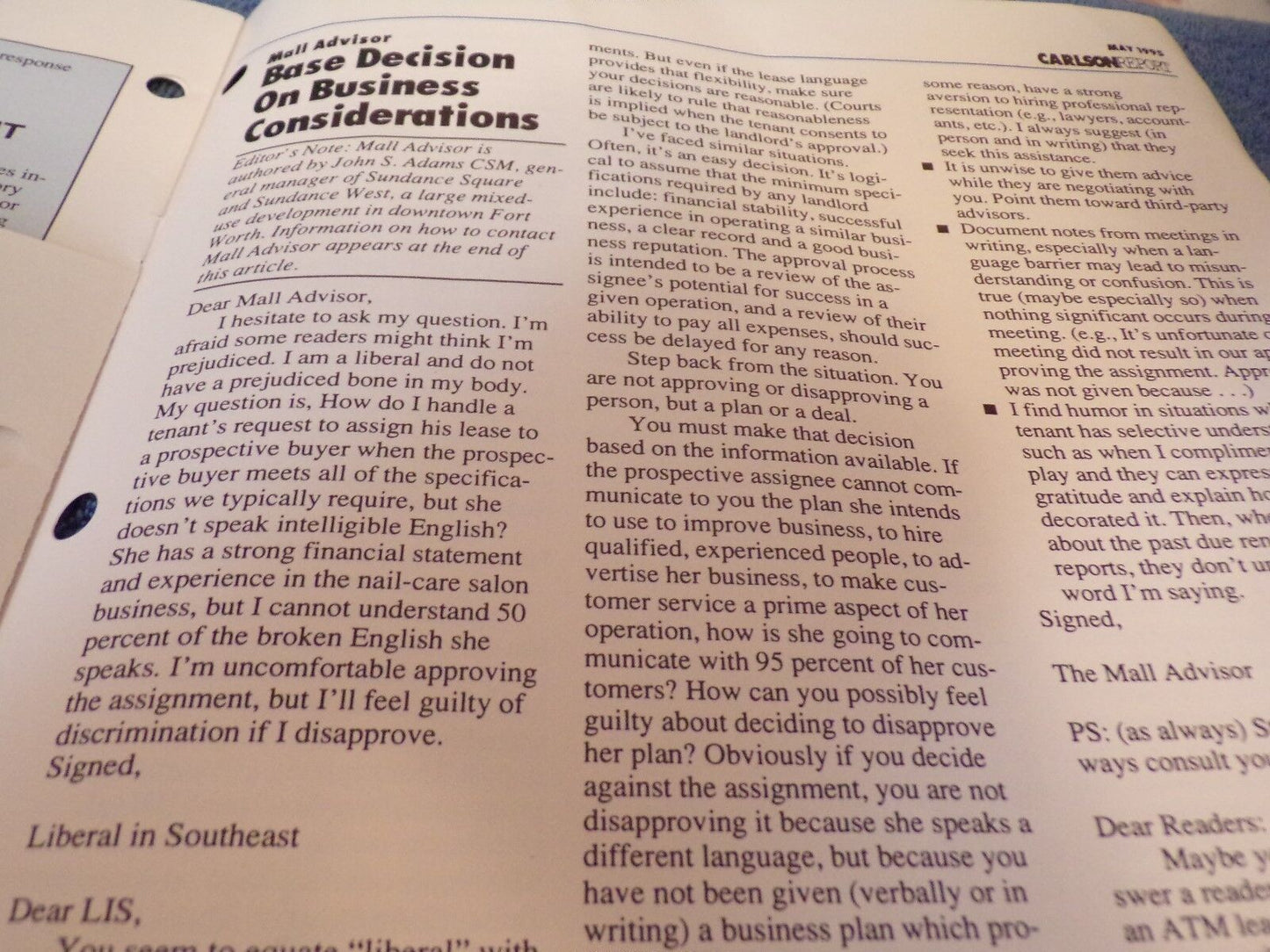 The Carlson Report for Shopping Center Management - May 1995 Edition