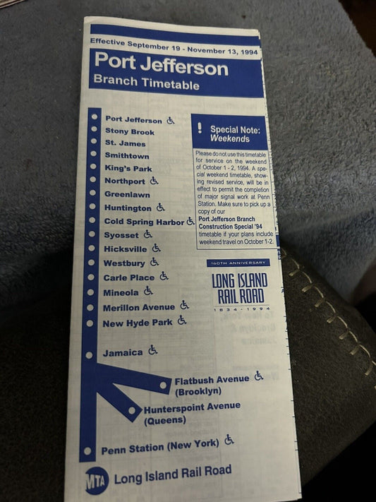 TIMETABLE: LONG ISLAND RAIL ROAD  PORT JEFFERSON  9/19-11/13, 1994