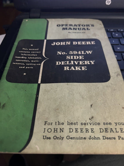 Original John Deere Model 594LW Side Delivery Rake Operator's Manual OM-E15-450