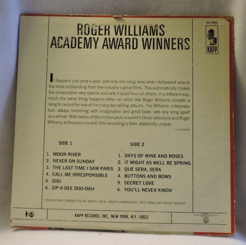 Vintage (1964) Roger Williams Academy Award Winners Vinyl Album 33 1/3 RPM