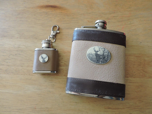 SET OF TWO STAINLESS STEEL FLASKS-- 4.5X4X.75 INCHES & 1.75X1.75X.75 INCHES