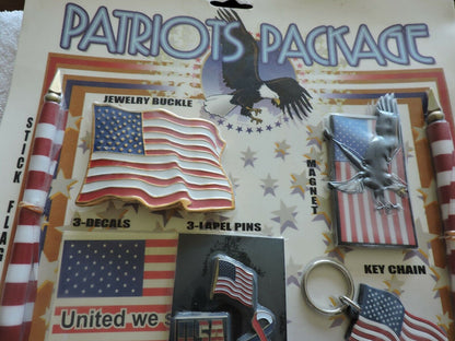 PATRIOT PACKAGE: 2 STICK FLAGS, BELT BUCKLE, MAGNET, 3 FLAG DECALS, 3 LAPEL PINS