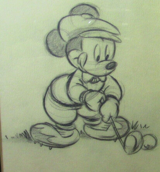 Artist Created (Framed) Pencil Drawing: Micky Mouse Golfing