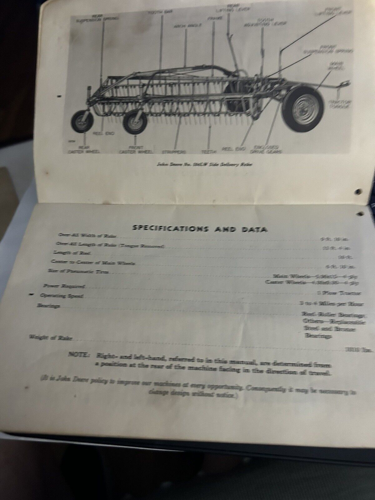 Original John Deere Model 594LW Side Delivery Rake Operator's Manual OM-E15-450