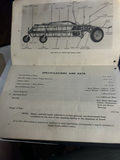 Original John Deere Model 594LW Side Delivery Rake Operator's Manual OM-E15-450