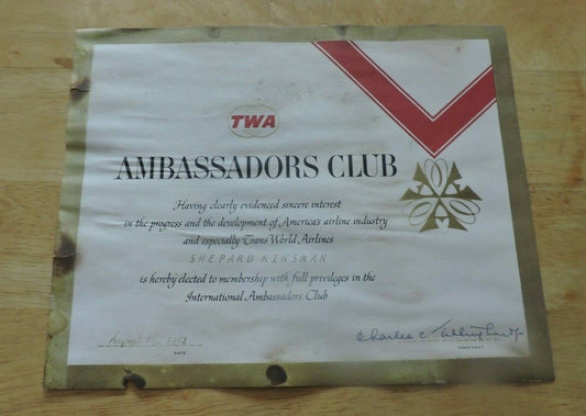 The Ambassadors Club TWA Award 1962   10x8.5 inches
