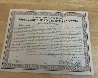 PENSION ASSOCIATION OF THE BROTHERHOOD OF LOCOMOTIVE ENGINEERS CERTIFICATE 1921