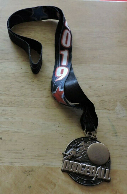 DODGEBALL  2 INCH  MEDAL WITH 2019  BLACK RIBBON  ENGRAVABLE