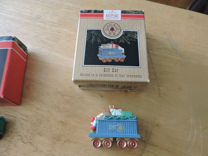 HALLMARK KEEPSAKE ORNAMENTS--LOCOMOTIVE, BOX CAR, GIFT CAR