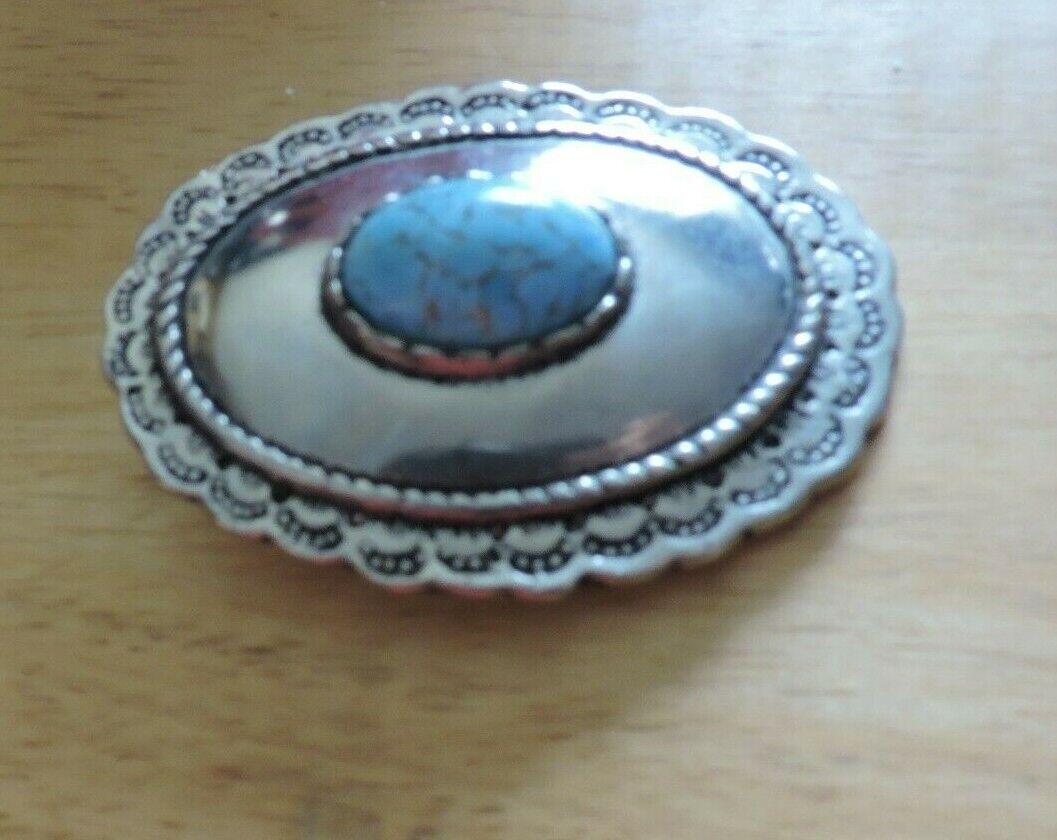 HANDMADE OVAL SHAPE PEWTER BELT BUCKLE WITH TURQUOISE  OVAL STONE 3 X 2.5