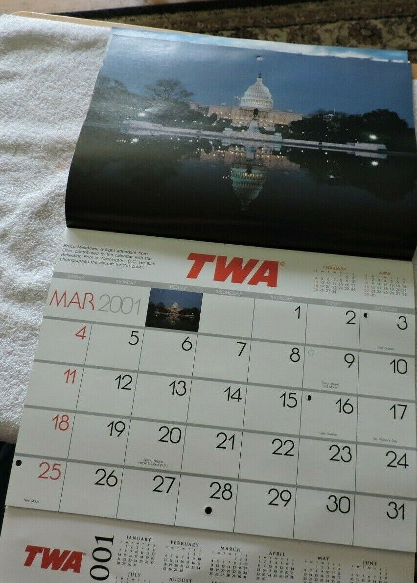 COLLECTIBLE TRANS WORLD AIRLINE 2001 TRAVEL CALENDAR-NEW