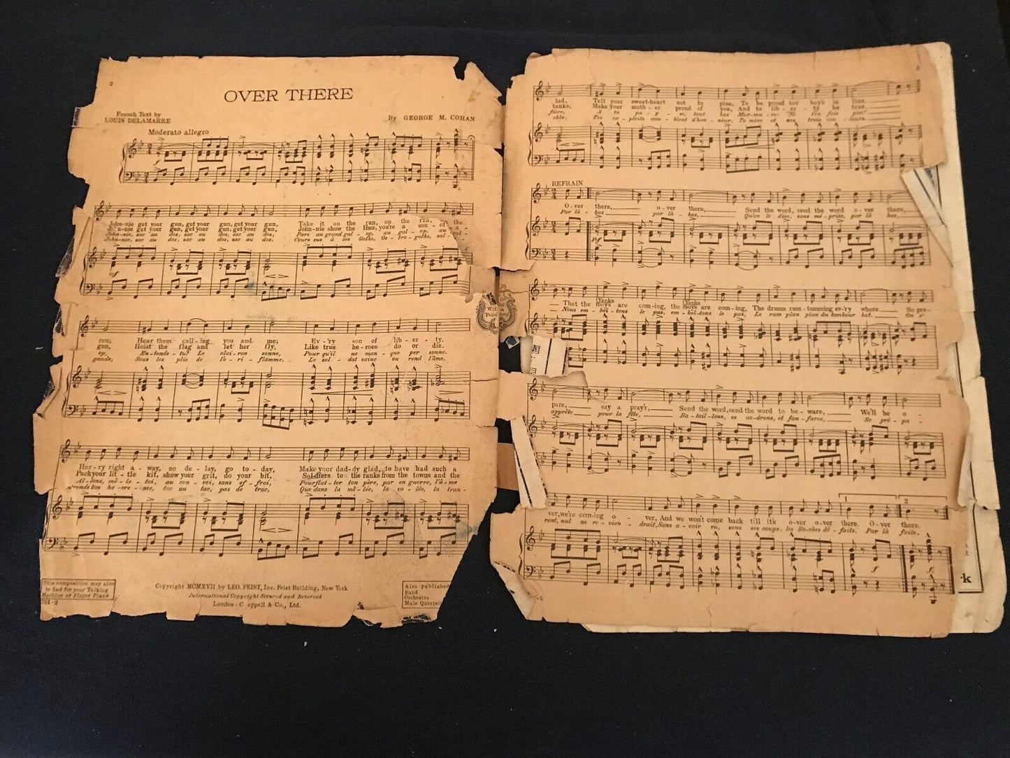 Vintage 1918 WWI Era Version: George M. Cohen: Over There Sheet Music