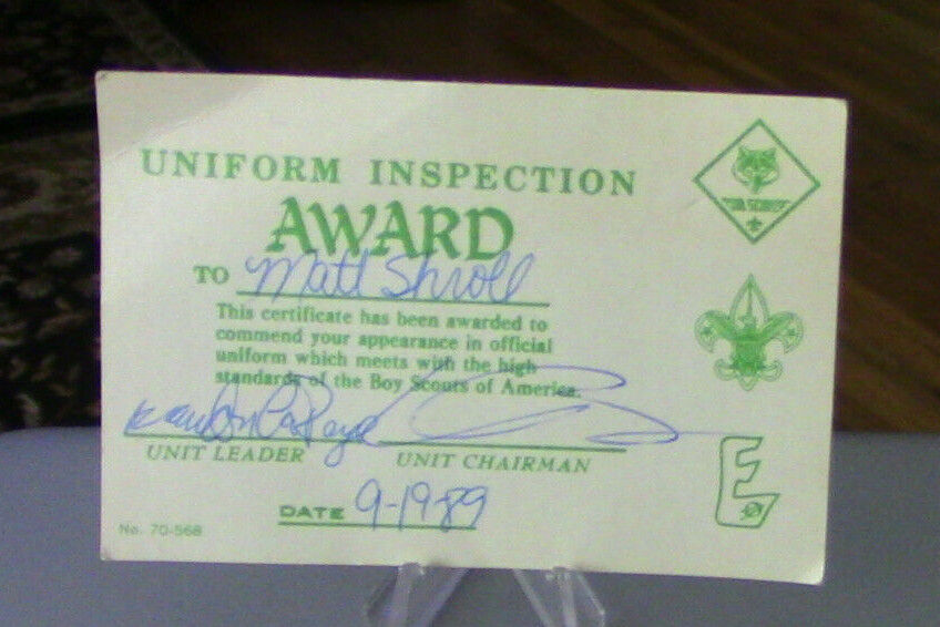 Official BSA: Vintage Uniform Inspection Award (Wallet Card) Dated 9-19-1989