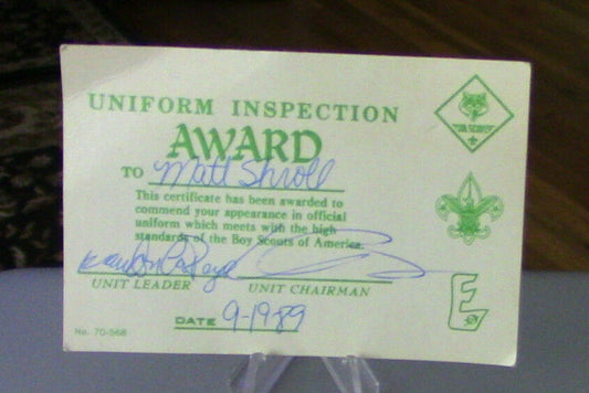 Official BSA: Vintage Uniform Inspection Award (Wallet Card) Dated 9-19-1989