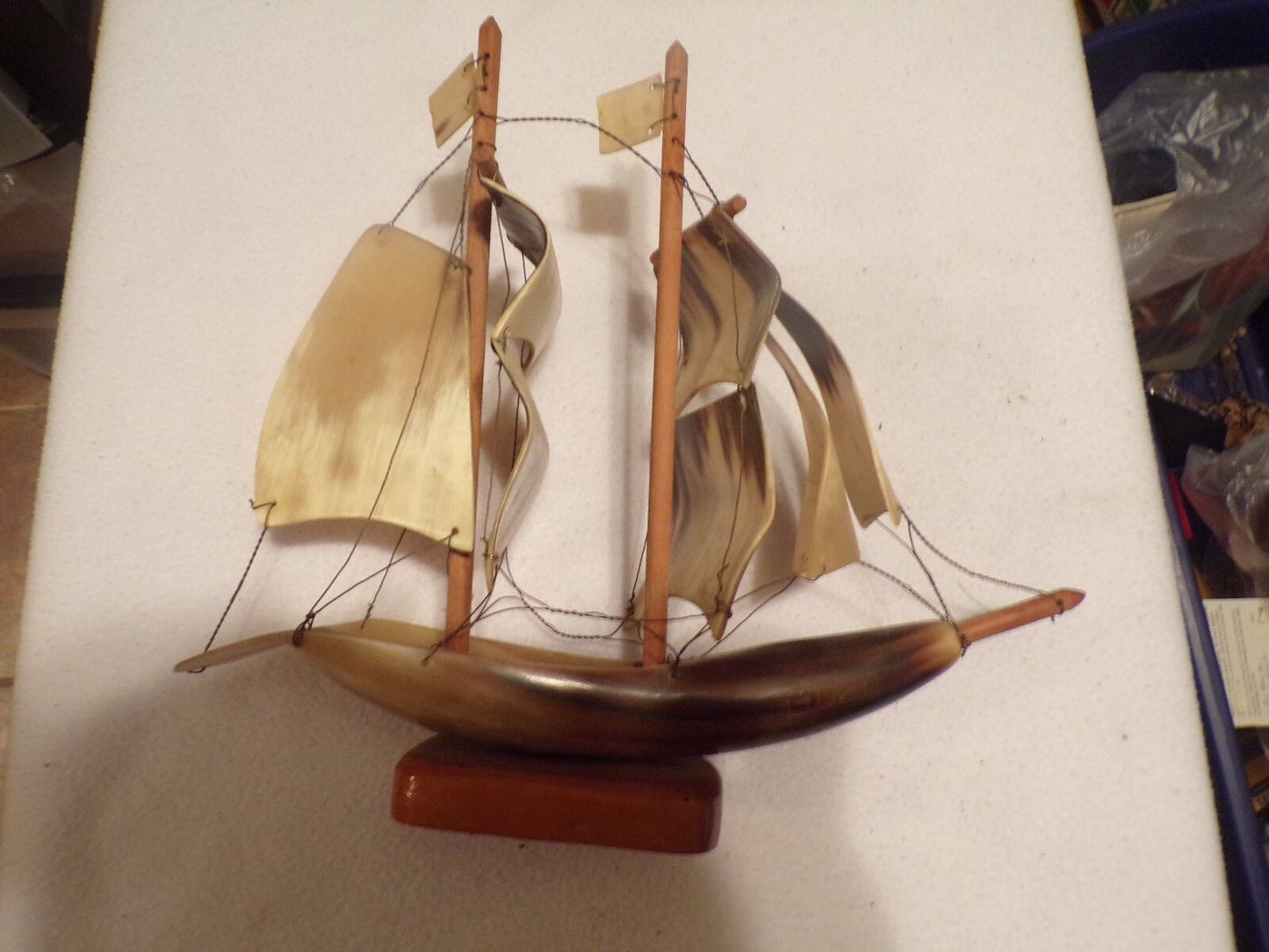 VINTAGE (50's)  KITSCH HAND CRAFTED (CARVED HORN) MODEL OF A SAILING SHIP
