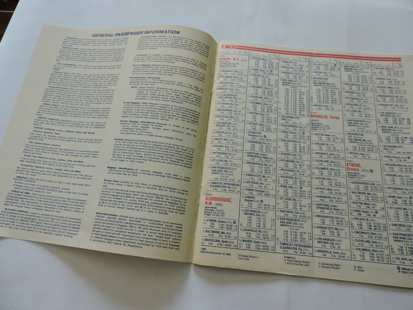 TWA  TIMETABLE   DECEMBER 13, 1980-JANUARY 7,1981
