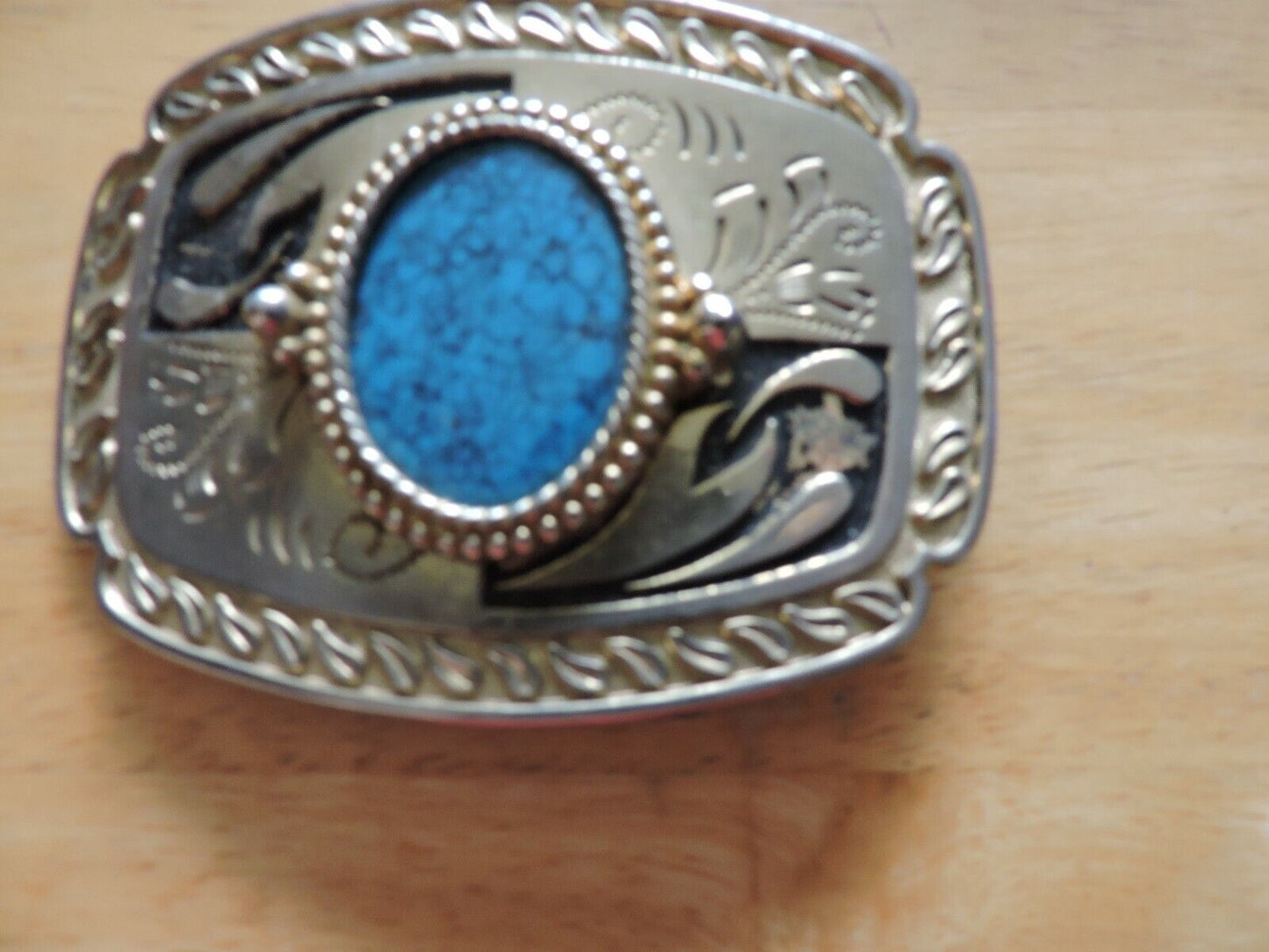 RECTANGULAR SHAPED BELT BUCKLE WITH OVAL TURQUOISE STONE 4X3 INCHES