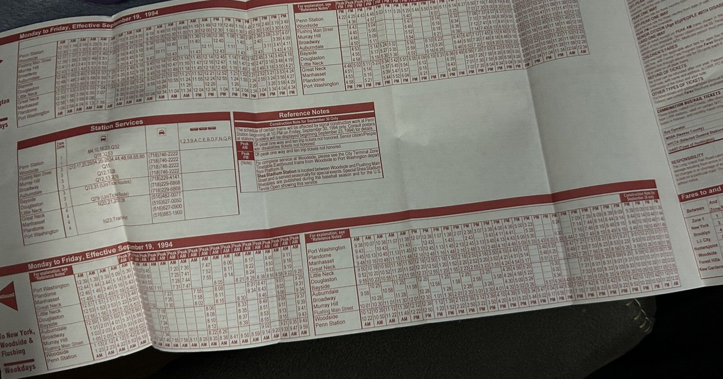 TIMETABLE: LONG ISLAND RAIL ROAD  PORT WASHINGTON  9/19-11/13, 1994