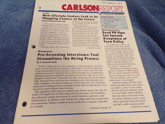 The Carlson Report For Shopping Center Management- September 1997 Edition