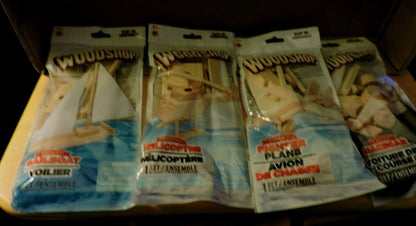 WOODSHOP  SAILBOAT, HELICOPTER, PLANE, RACECAR MODELS SET OF 4: NEW IN PACKAGES