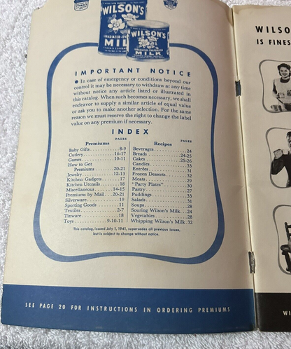 FREE GIFTS FOR WILSON MILK LABELS CATALOG AND RECIPE BOOK 1941