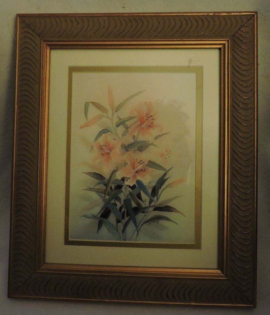 Framed (10 1/2" X 12 1/2") Pink and Blue Floral Print Named "Lillies" by L Chang