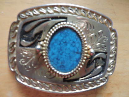 RECTANGULAR SHAPED BELT BUCKLE WITH OVAL TURQUOISE STONE 4X3 INCHES
