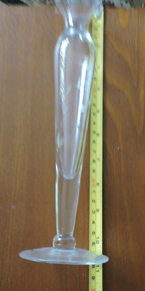 ETCHED GLASS VASE  (10 INCHES TALL-BASE 3 INCHES-TOP OPENING 2 INCHES)