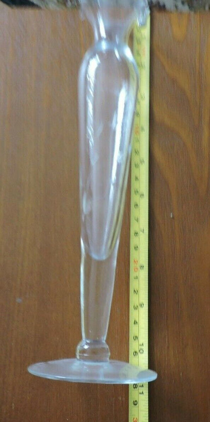 ETCHED GLASS VASE  (10 INCHES TALL-BASE 3 INCHES-TOP OPENING 2 INCHES)