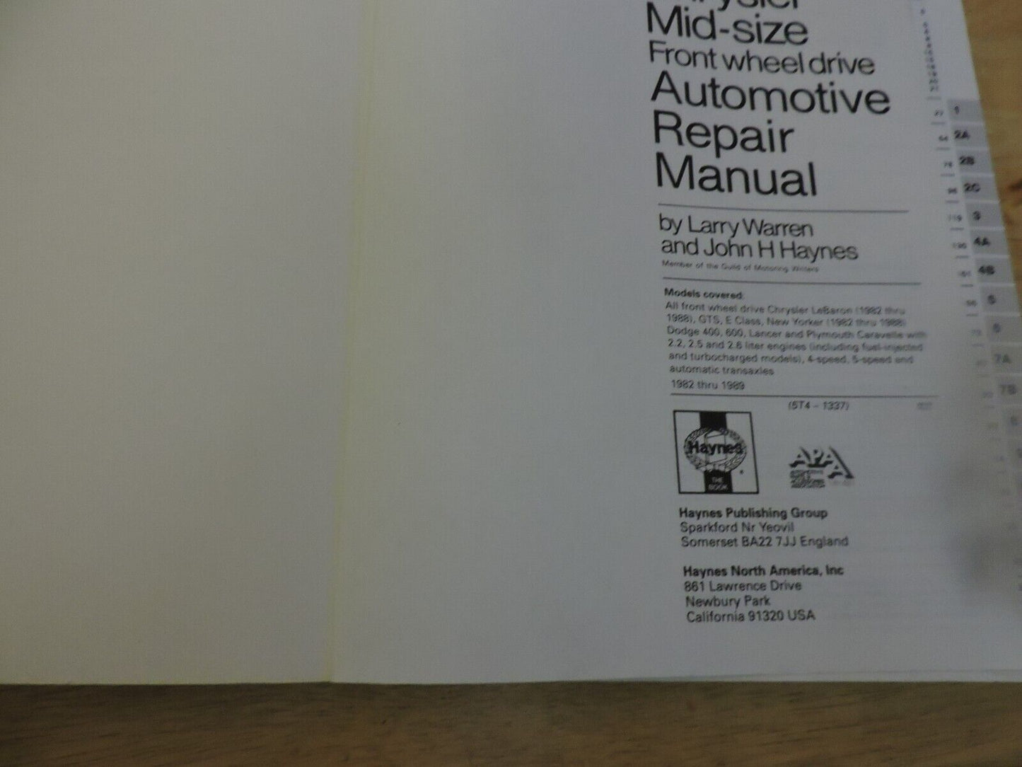 CHRYSLER MID SIZE MODELS 1982-1989 FRONT WHEEL DRIVE  AUTOMOTIVE REPAIR MANUAL