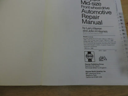 CHRYSLER MID SIZE MODELS 1982-1989 FRONT WHEEL DRIVE  AUTOMOTIVE REPAIR MANUAL