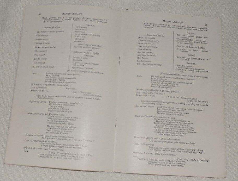 Vintage "Manon Lescaut" A Lyric Drama Playbill, (In Italian and English)