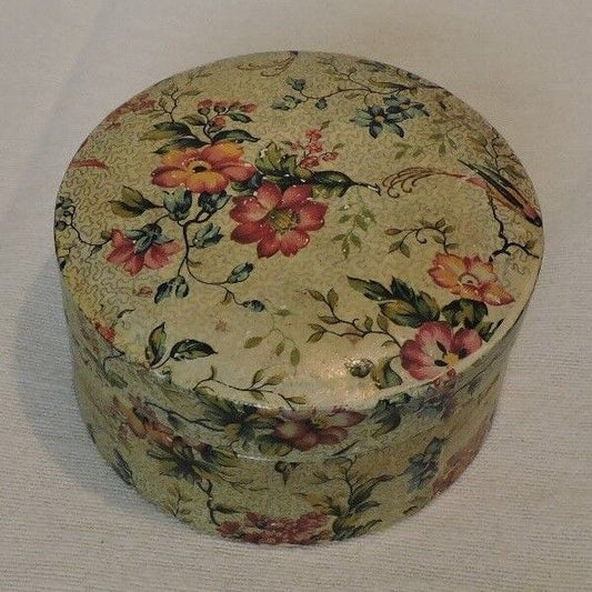 Small Circular Trinket Box Decorated with Floral Pattern and Birds