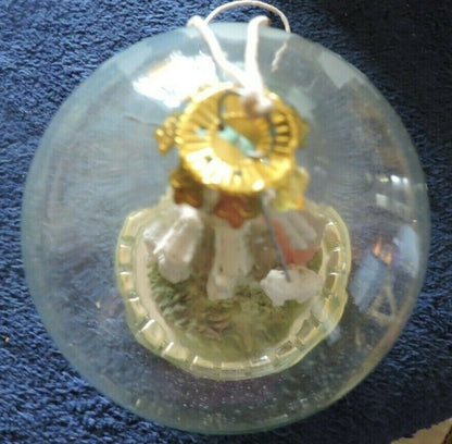 GLASS CHRISTMAS ORNAMENT--SHEPHERD, CHILD, LAMBS