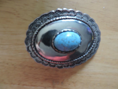 HANDMADE OVAL SHAPE PEWTER BELT BUCKLE WITH TURQUOISE  OVAL STONE 3 X 2.5
